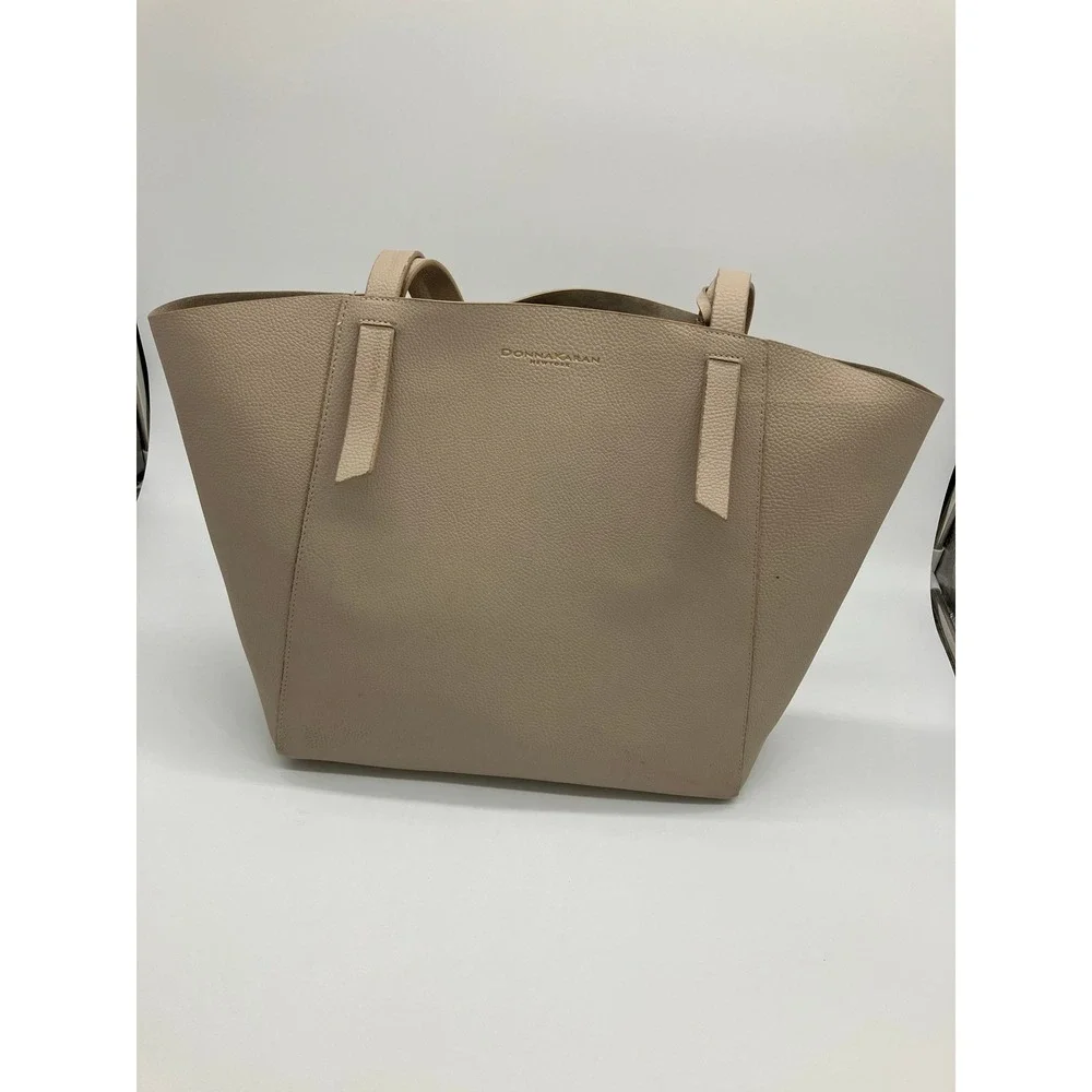 Donna Karan New York Beige Pebbled Leather Tote Bag with Attached Wallet Pouch